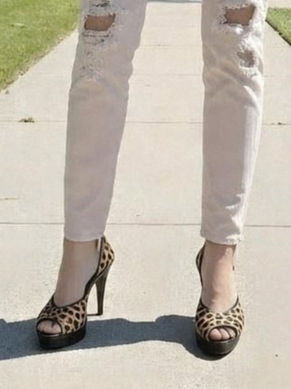 New - Maiden Lane Calf Hair Leopard Print, Peep-Toe 4 1/2” Heel, 1/2” Platform